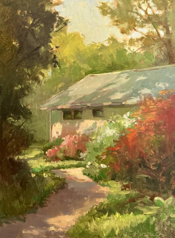 plein air painting of cottage with flowering shrubs along a garden path