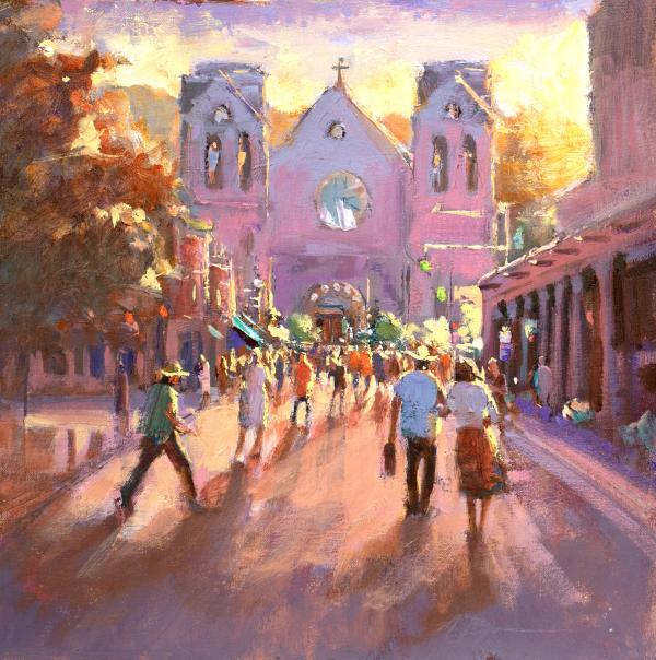 plein air painting of crowd walking toward a grand basilica at golden hour