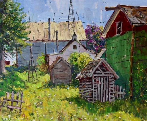 plein air painting of rural barns and outbuildings in summer landscape