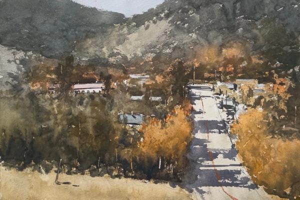 plein air painting of watercolor of a mountain town with autumn foliage