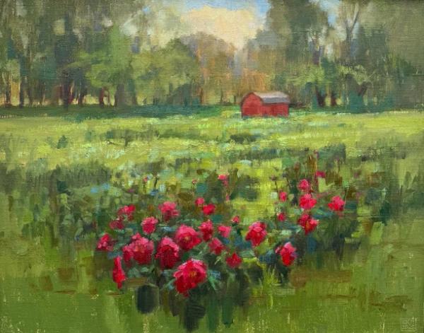 plein air painting of red barn in a green meadow with red peony flowers