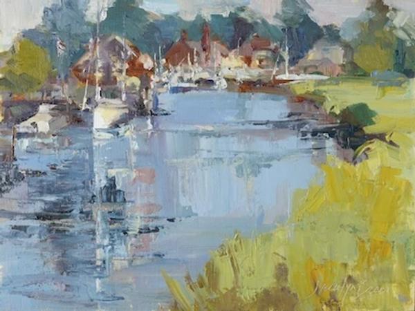 plein air painting of calm canal reflecting sailboats and waterfront buildings