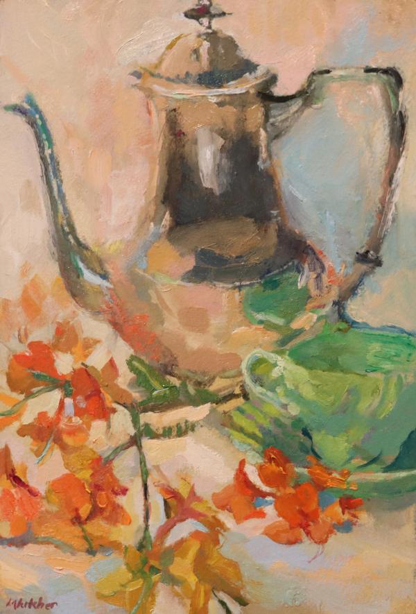 plein air painting of silver teapot with green cup and orange flowers
