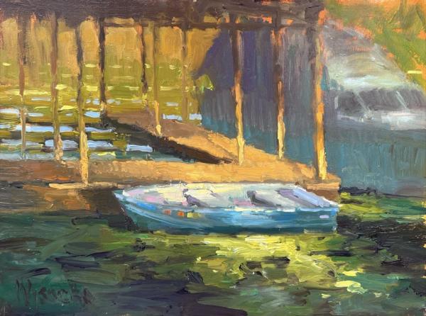 plein air painting of small boat floating beneath a weathered wooden dock