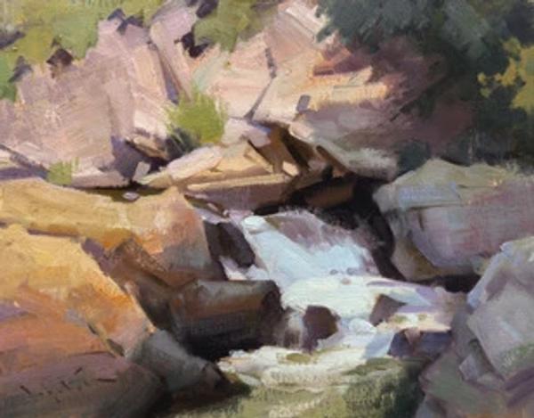plein air painting of rushing stream flowing through rocky canyon boulders