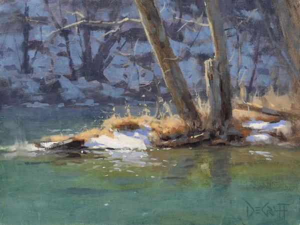 plein air painting of bare winter trees leaning over a snow-edged river