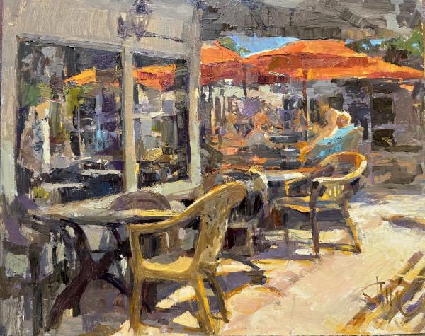 plein air painting of sunny outdoor cafe with orange umbrellas and patrons