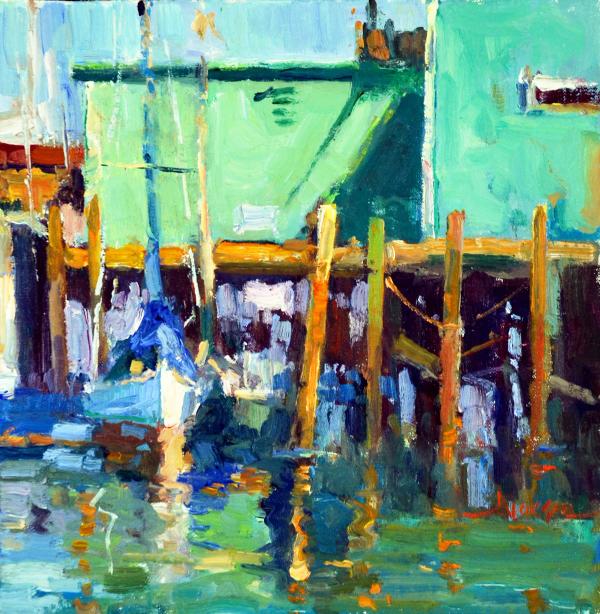 plein air painting of wooden pier pilings and green water reflections