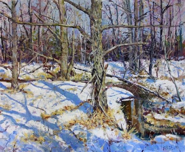 plein air painting of snowy winter forest with bare trees and small stream