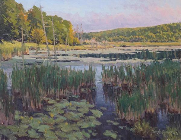 plein air painting of a wetland marsh with lily pads at dawn