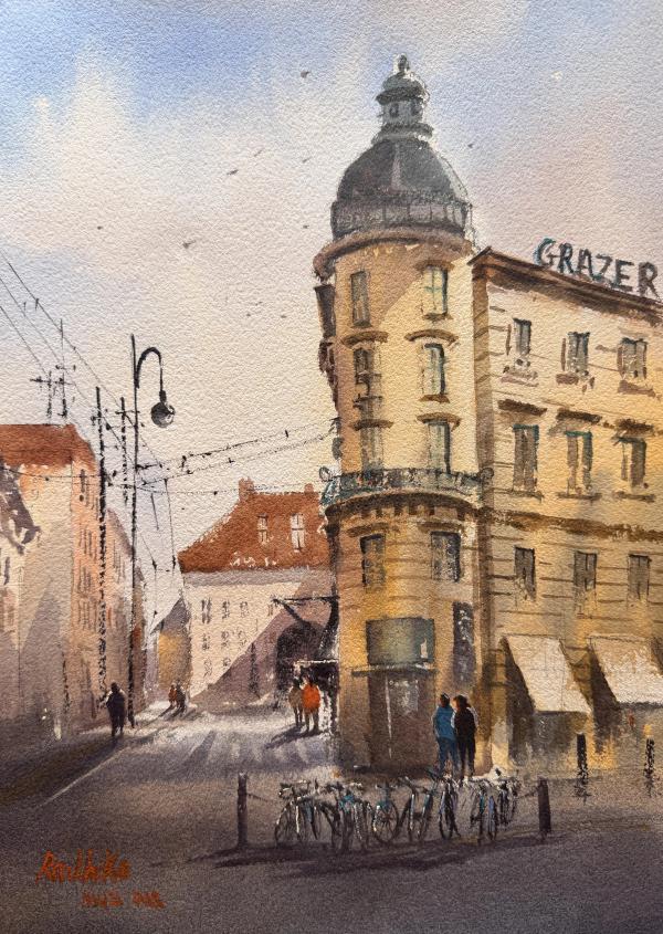 plein air painting of european street corner with domed building and bicycles