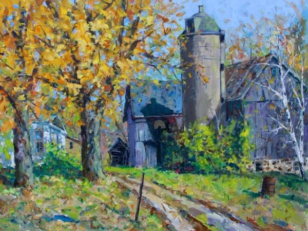plein air painting of farm with silo and barn amid autumn foliage