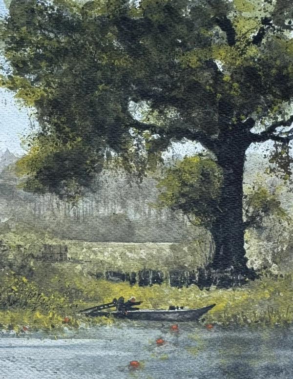 plein air painting of oak tree with small boat resting at the rivers edge
