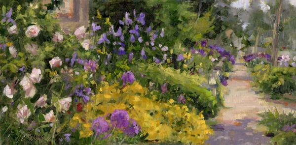 plein air painting of garden path lined with purple, white, and yellow blooms