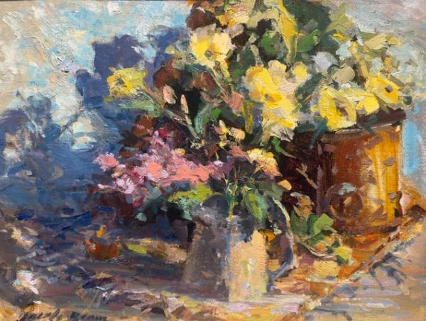 plein air painting of floral still life with yellow and pink flowers in vases
