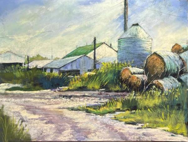 plein air painting of grain silo and farm buildings on green rolling land