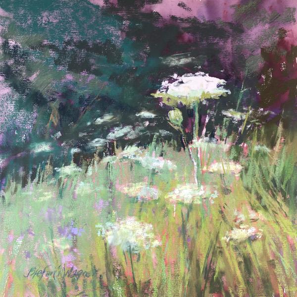 plein air painting of white wildflowers blooming in a lush purple meadow