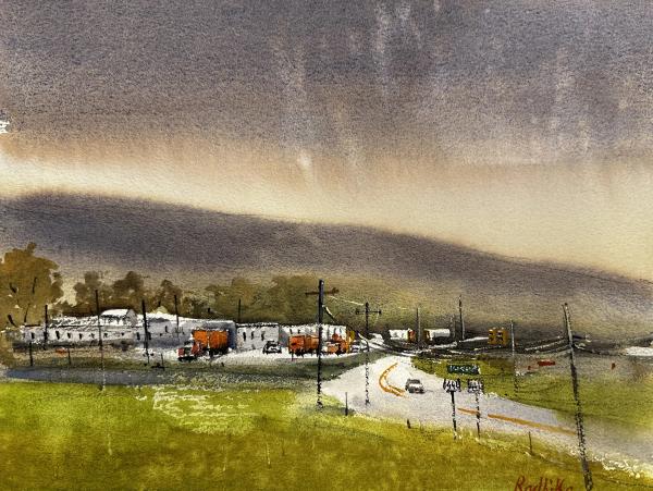 plein air painting of watercolor highway scene under dramatic storm clouds