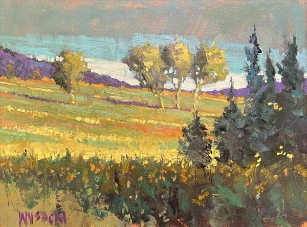 plein air painting of colorful vineyard field with trees and lavender hills
