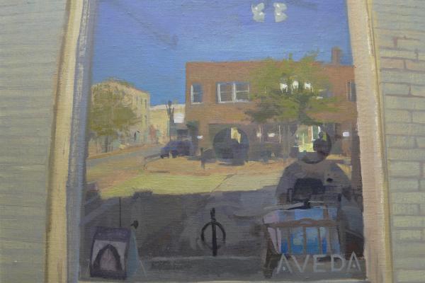 plein air painting of storefront window reflection of a town square