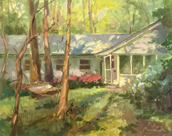 plein air painting of sunlit cottage with pink flowering shrubs and trees