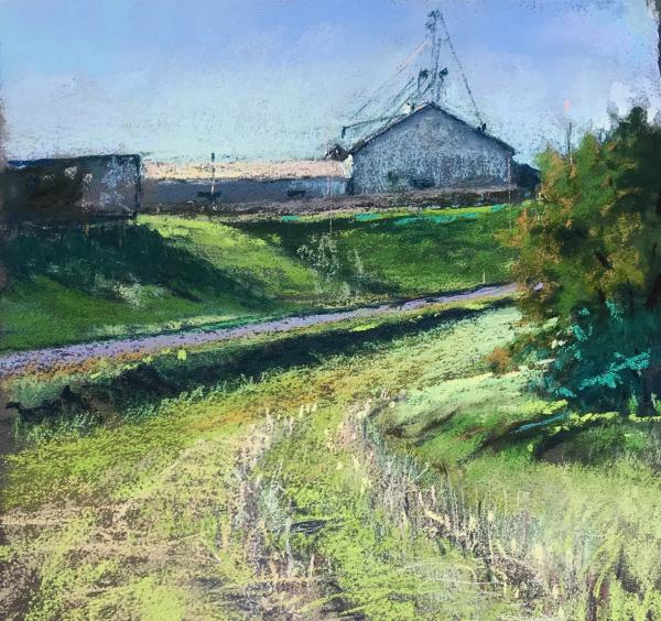plein air painting of bridge on rural road with red barn and spring tree
