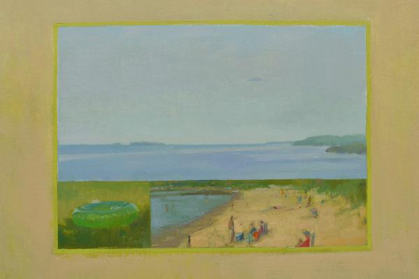 plein air painting of beach scene with an inner tube and figures on shore