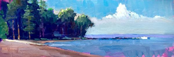 plein air painting of calm lakeside with tall pine trees and soft clouds
