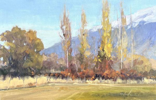 plein air painting of tall golden poplar trees with snow-capped mountains