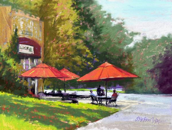 plein air painting of outdoor cafe with red umbrellas on a sunny afternoon