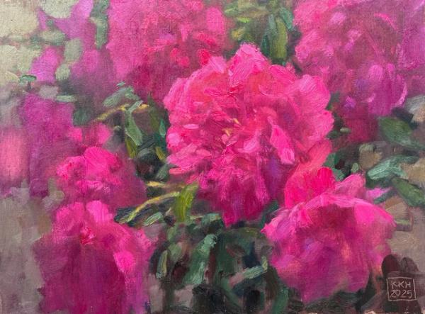 plein air painting of close-up of vibrant hot pink peonies in bloom