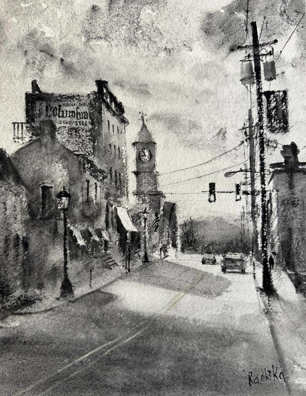 plein air painting of black and white watercolor of downtown with clock tower