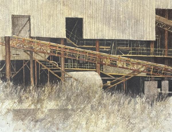 plein air painting of industrial grain elevator and conveyor belt structure