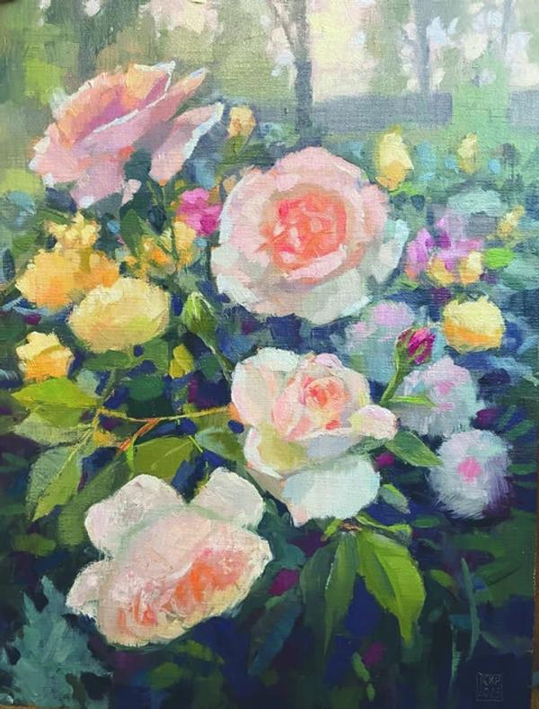plein air painting of pink white and yellow roses blooming in a garden