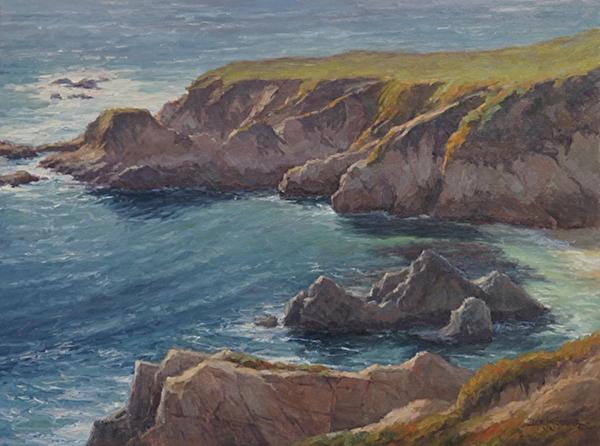 plein air painting of rocky coastal cliffs above the ocean