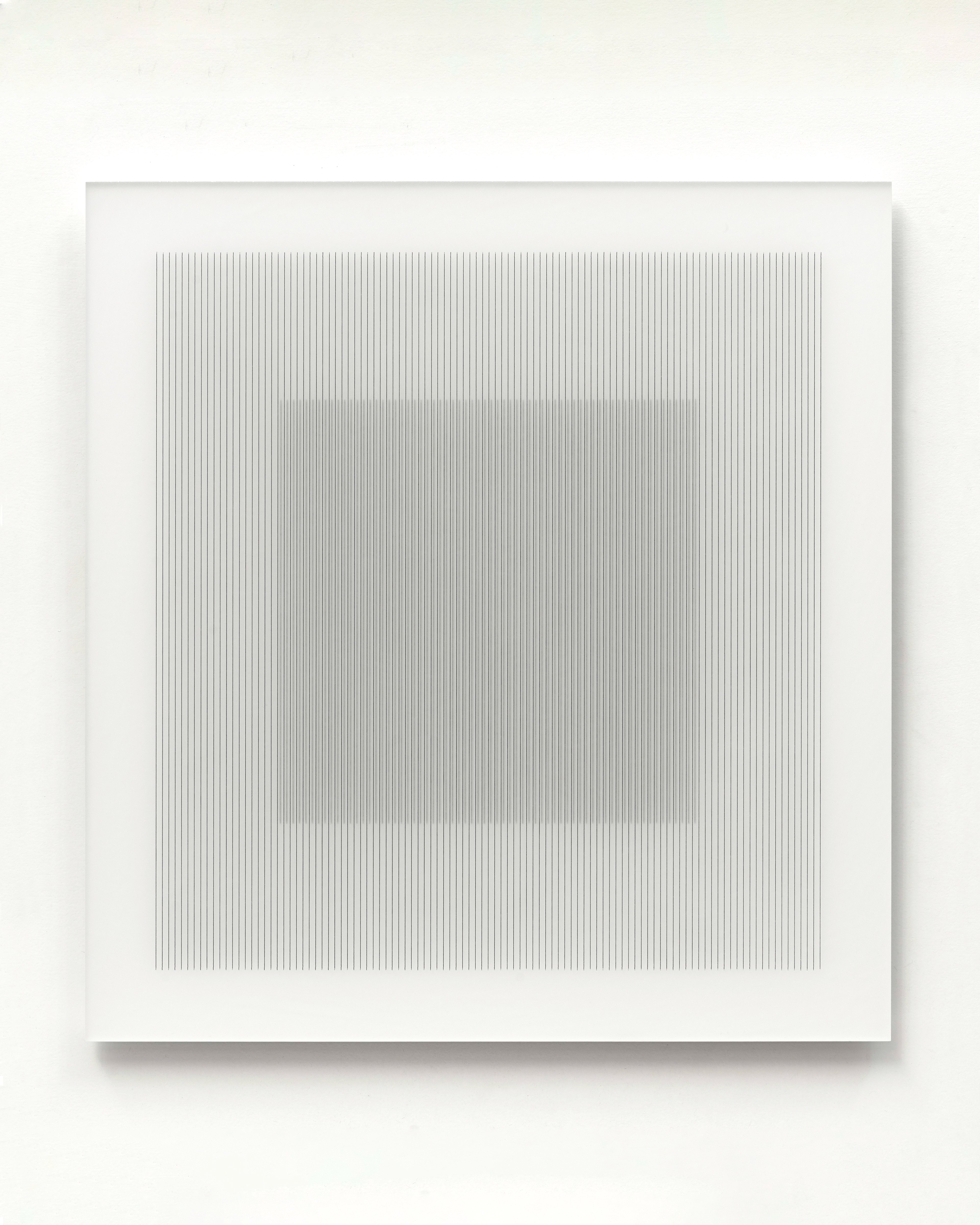 Dense grid of fine vertical gray lines on white acrylic panel creating subtle tonal modulation through linear abstraction