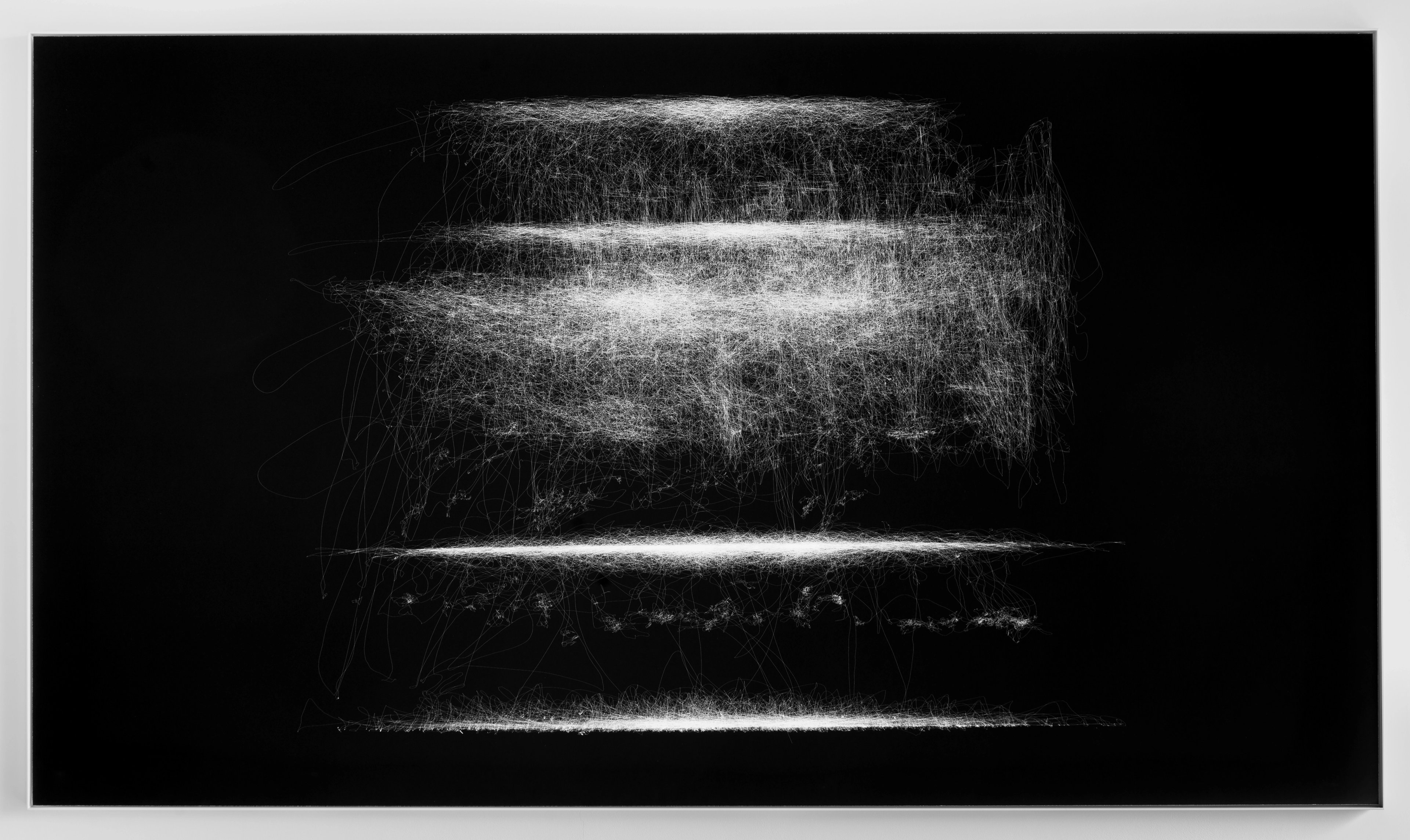 Dense white gestural marks and horizontal bands against black, created through motion-capture technology, suggesting dynamic movement and layered energy acro…