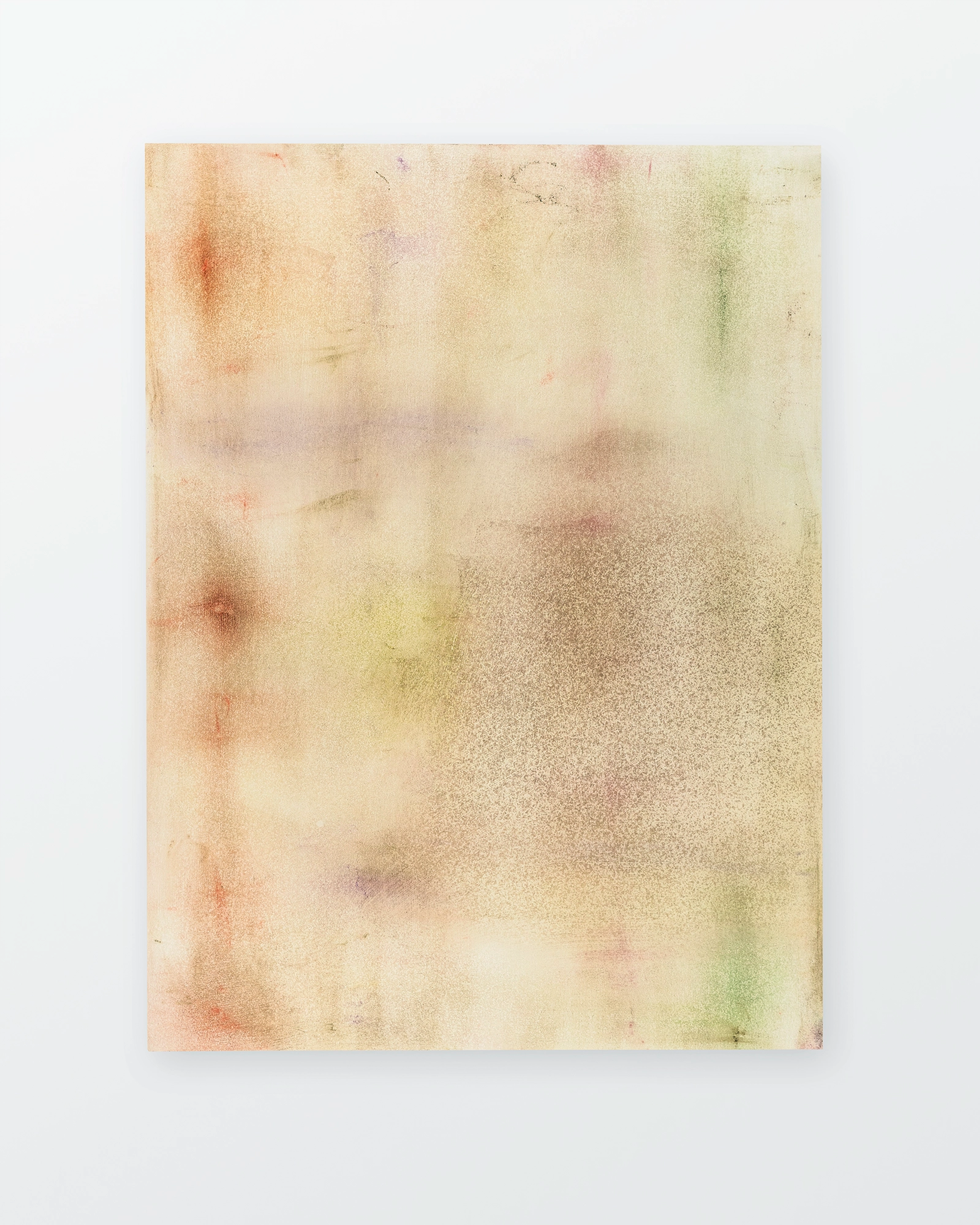 Soft pastel on wood panel with subtle washes of coral, ochre, green, and mauve creating an atmospheric, weathered surface with gestural marks and tonal grada…