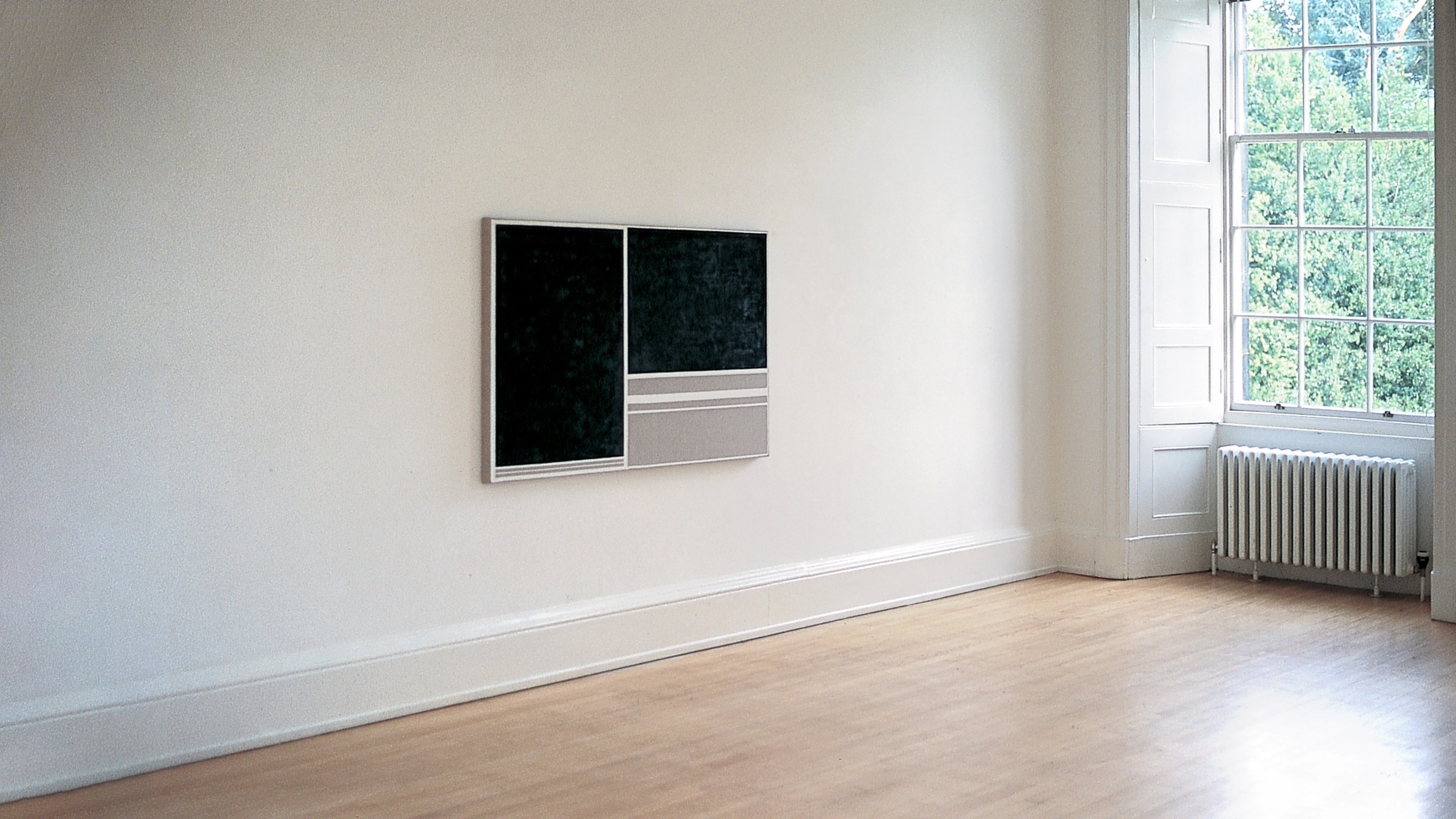 Two-panel acrylic and charcoal work on linen, left panel black, right panel dark teal-green with horizontal pale beige stripe, mounted on white gallery wall