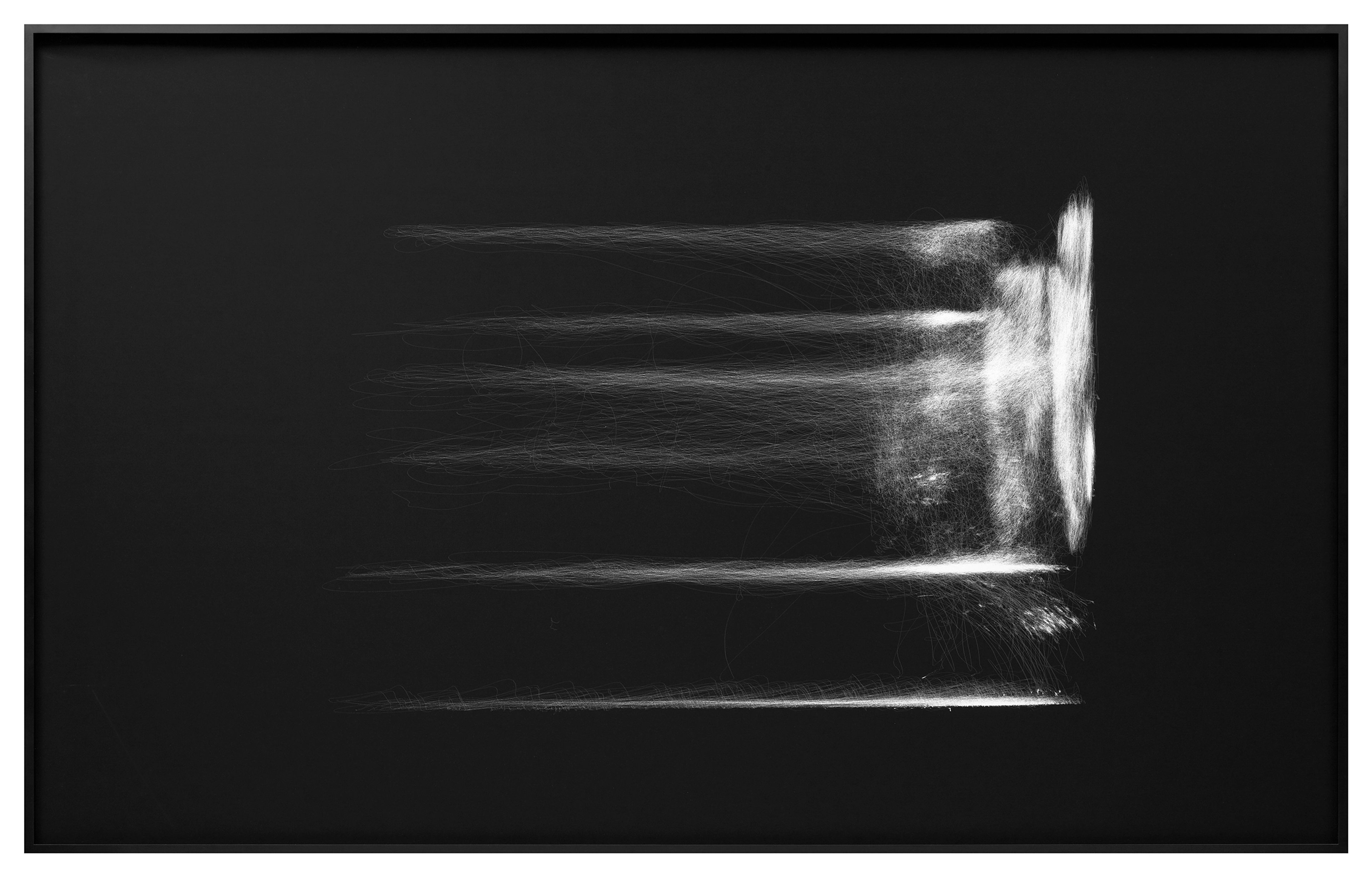 White gestural lines and streaks radiate horizontally across black ground, converging toward a bright circular form on the right edge, suggesting captured mo…