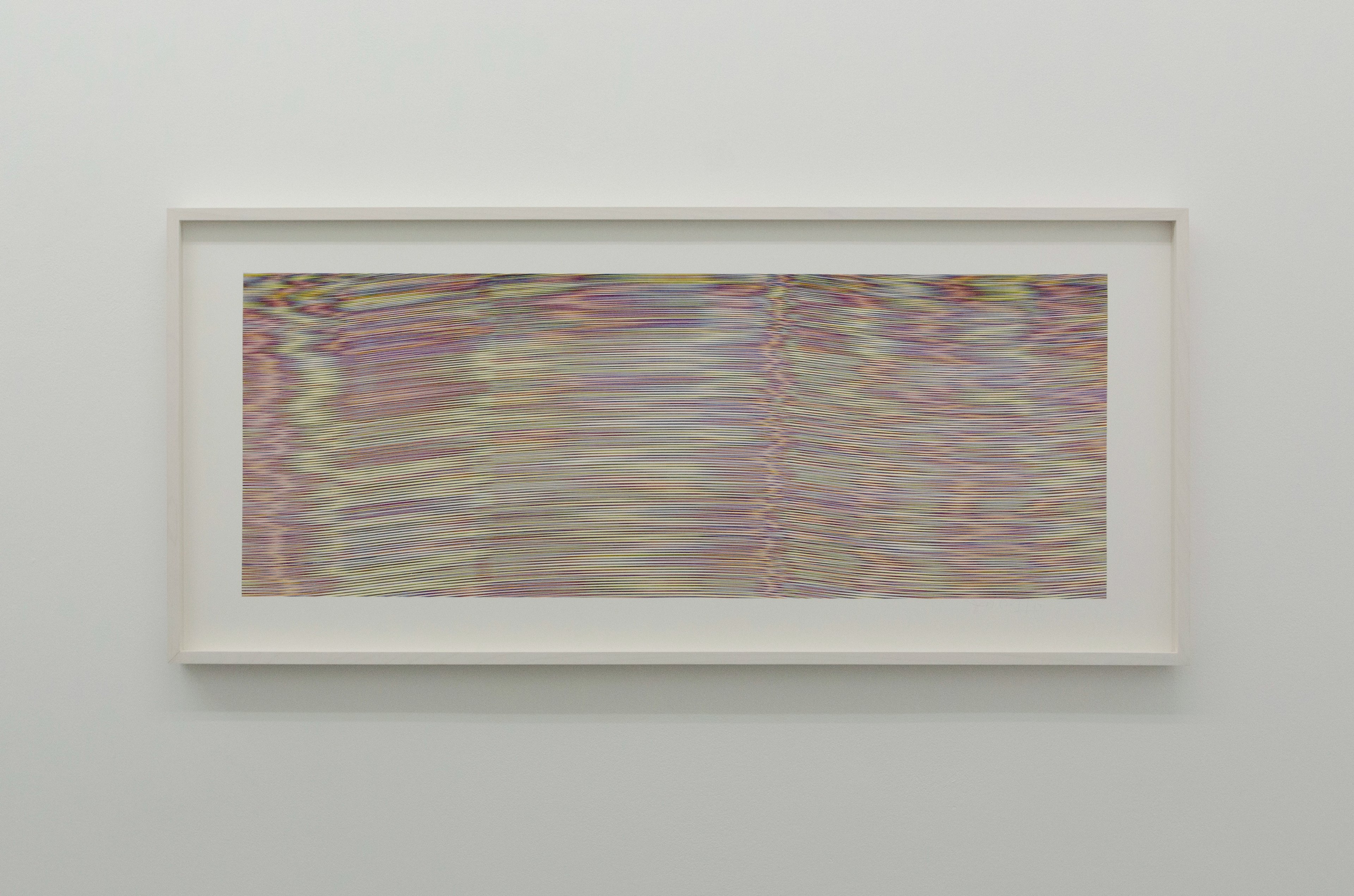 Horizontal abstract print with densely layered horizontal lines in soft greens, purples, and earth tones, creating undulating wave patterns across the compos…