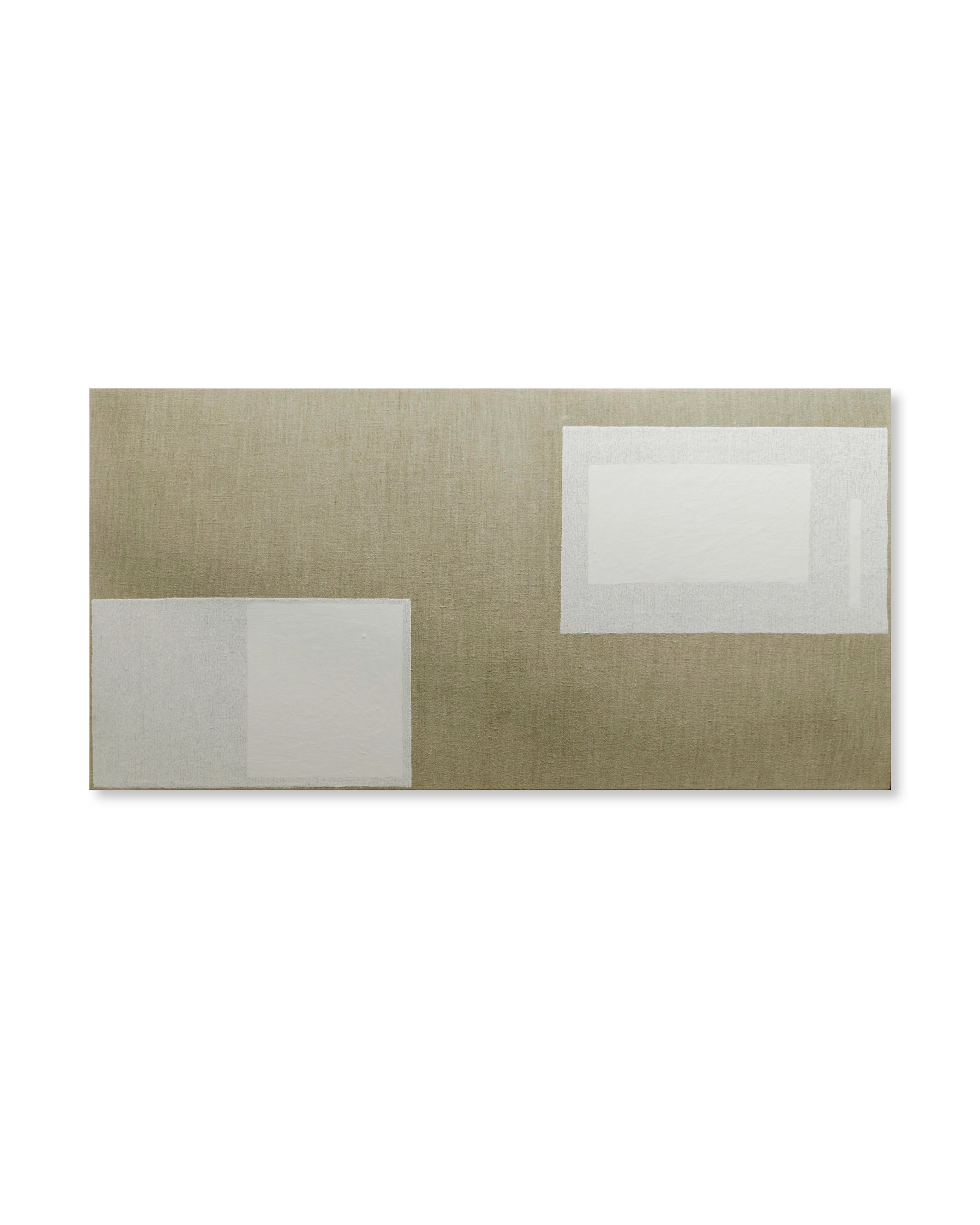 Horizontal linen canvas with muted ochre-green ground featuring two overlapping white rectangular forms outlined in pencil, one lower left and one upper right