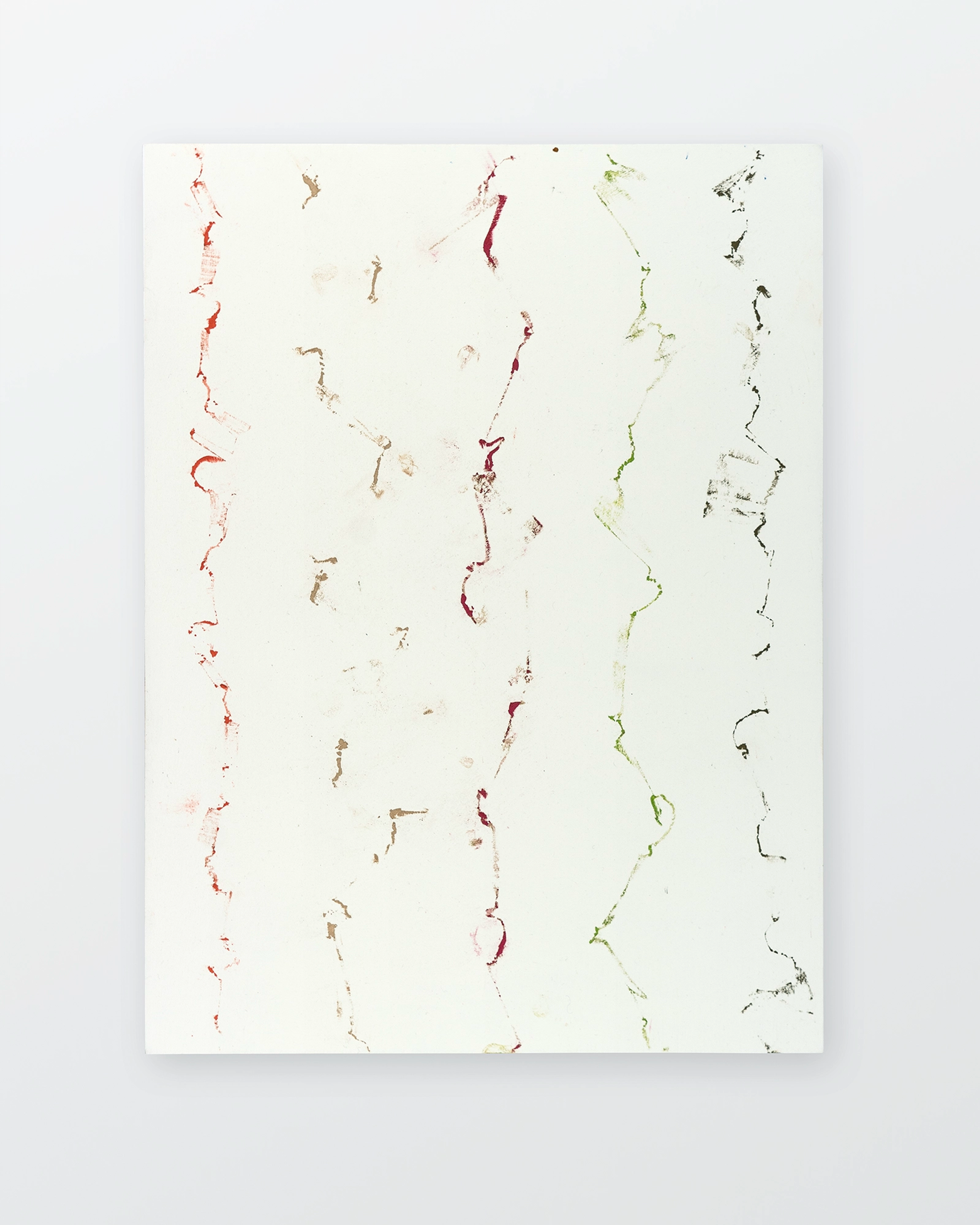 Cream panel with vertical columns of delicate, gestural pastel marks in red, tan, burgundy, green, and black, suggesting abstract linear forms and abbreviate…