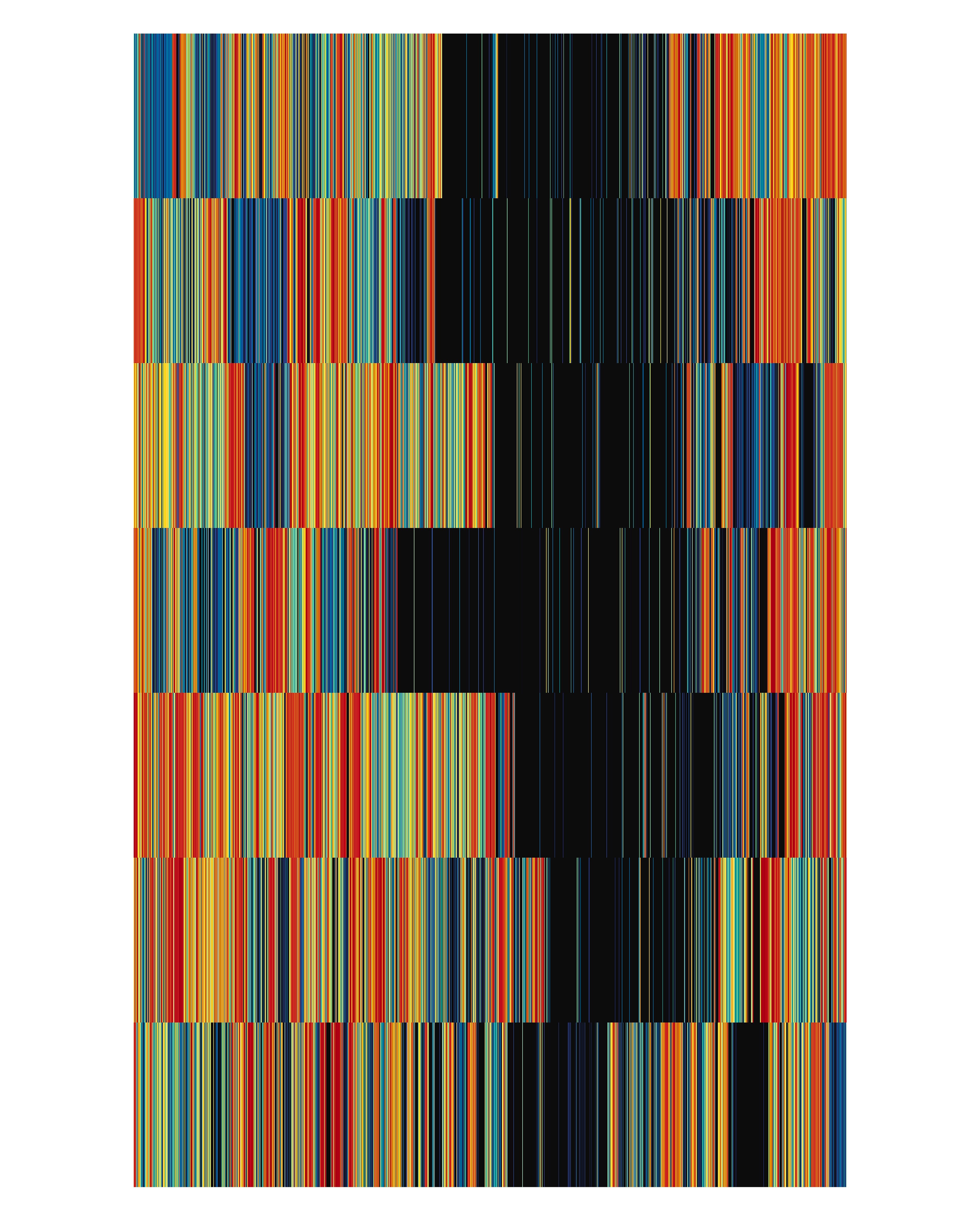 Geometric grid composition of densely packed vertical stripes in blue, orange, yellow, green, and black, arranged in rectangular blocks creating a pixelated…
