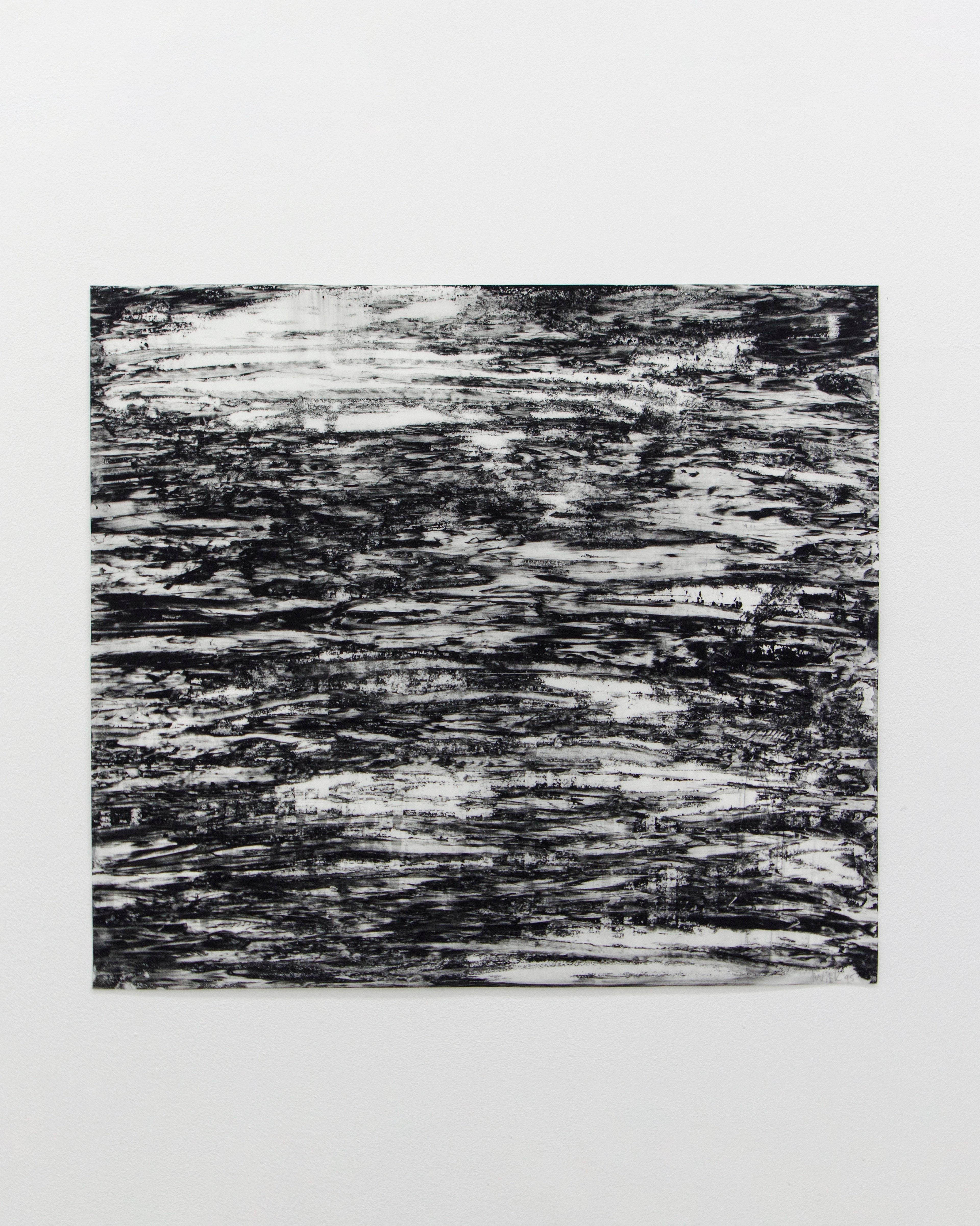 Abstract watercolour on film with horizontal black and white gestural marks creating layered, streaked texture across the composition