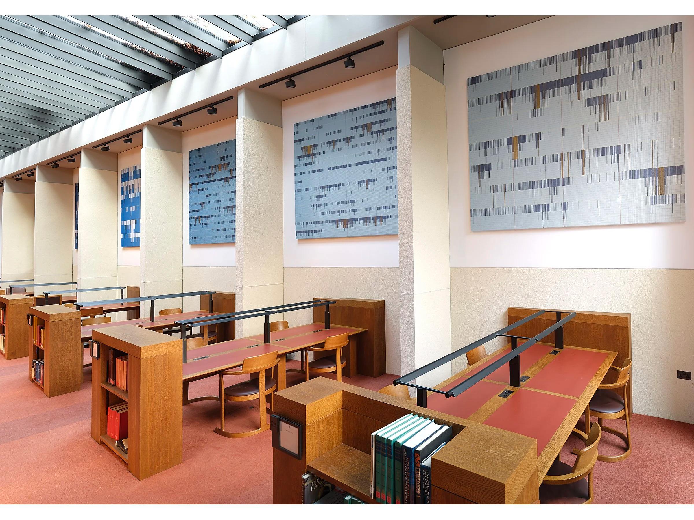 Susan Morris, Silence (On Prepared Loom), Six Jacquard tapestries on wooden frame, Cotton, silk, and polyester yarn, each 210 x 280cm, 2021. Permanent installation at St John’s College, University of Oxford. Photo: Stephen White & Co