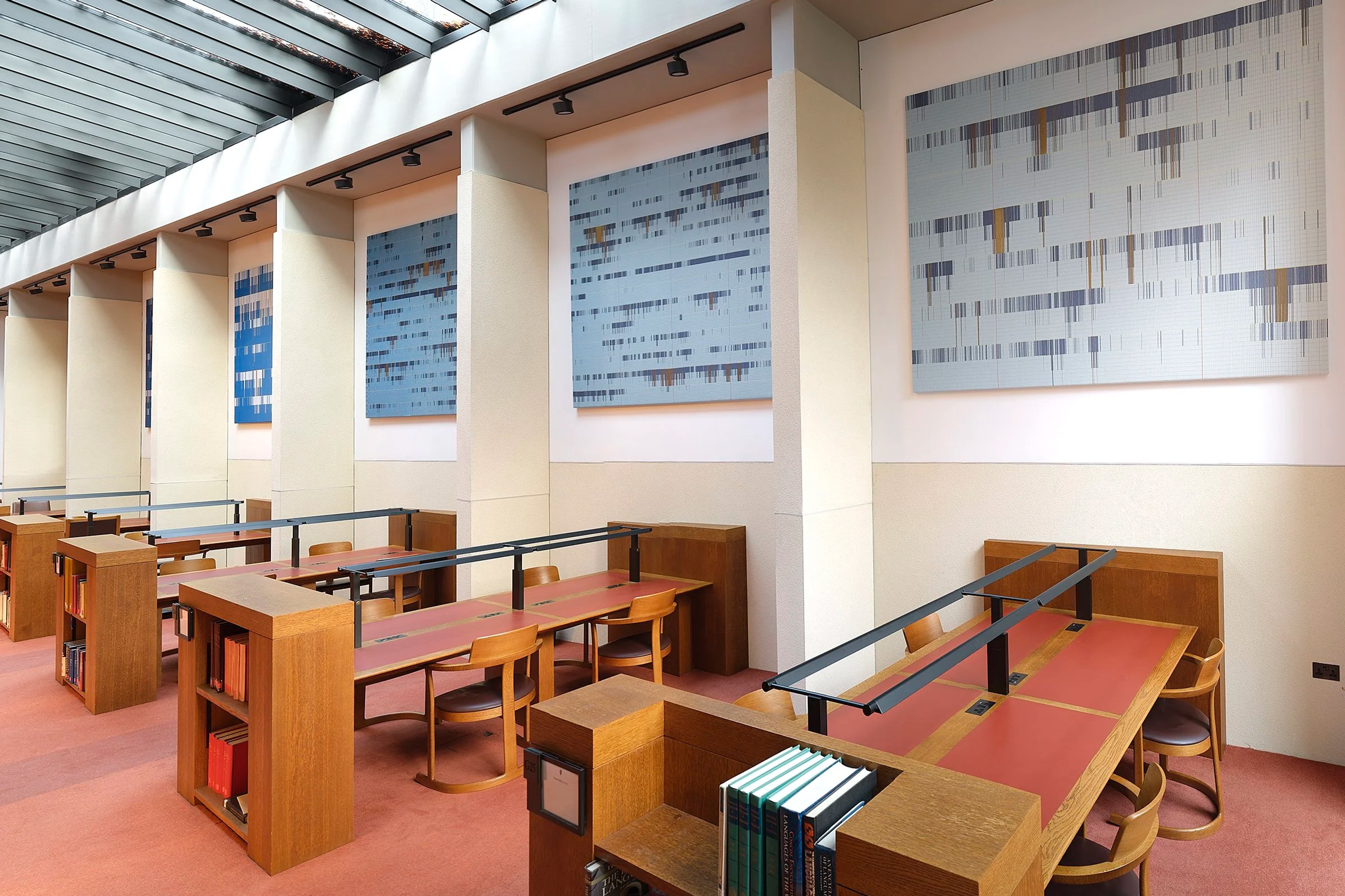 Susan Morris, Silence (On Prepared Loom), Six Jacquard tapestries on wooden frame, Cotton, silk, and polyester yarn, each 210 x 280cm, 2021. Permanent installation at St John’s College, University of Oxford. Photo: Stephen White & Co
