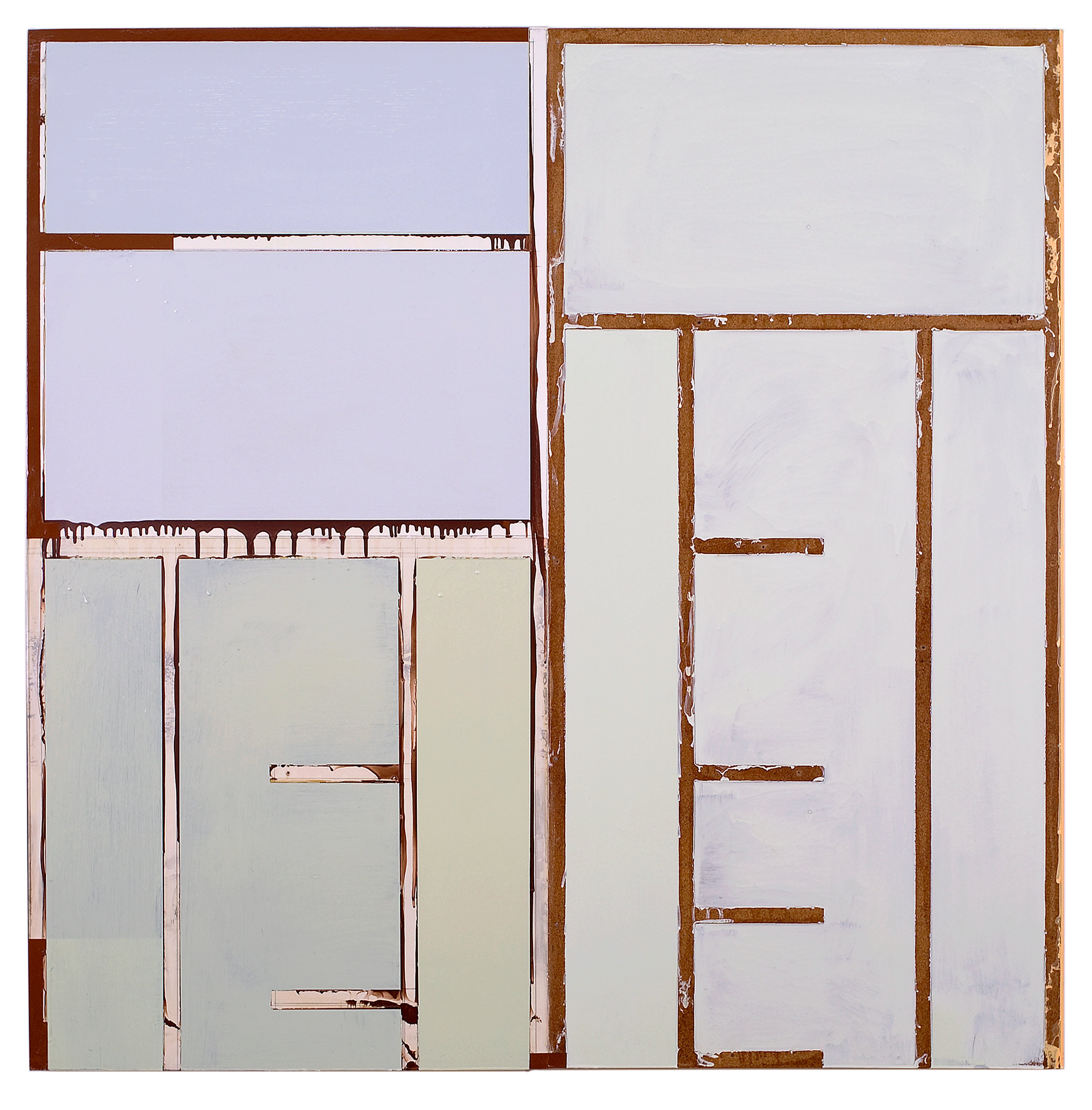 Two wooden frames with layered panels in lavender and cream tones, divided by rust-colored beading and steel corner bracing, creating an architectural abstra…