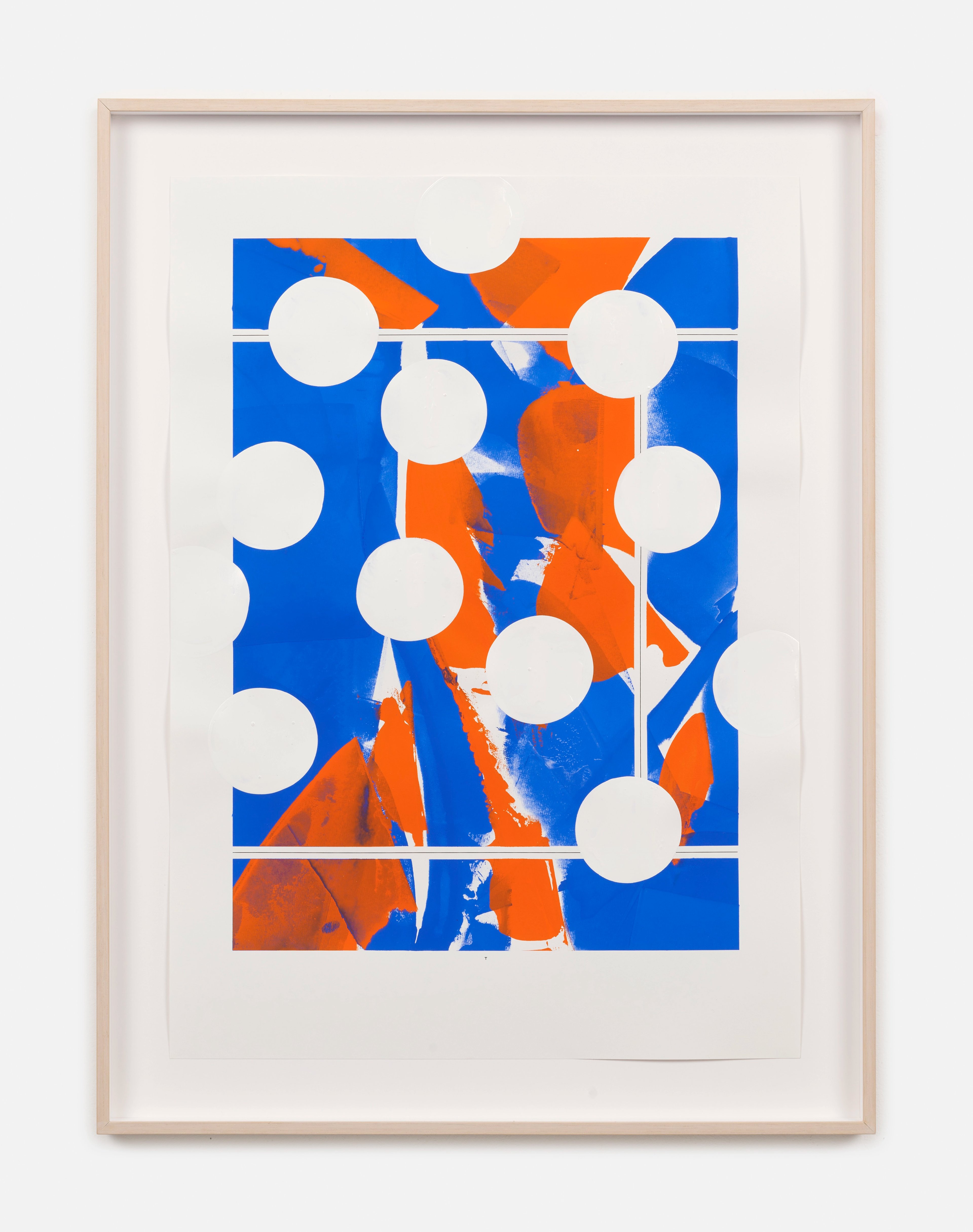 Bold geometric composition in blue and orange with white circles and horizontal dividing lines, rendered in lacquer paint and screen print monotype on paper