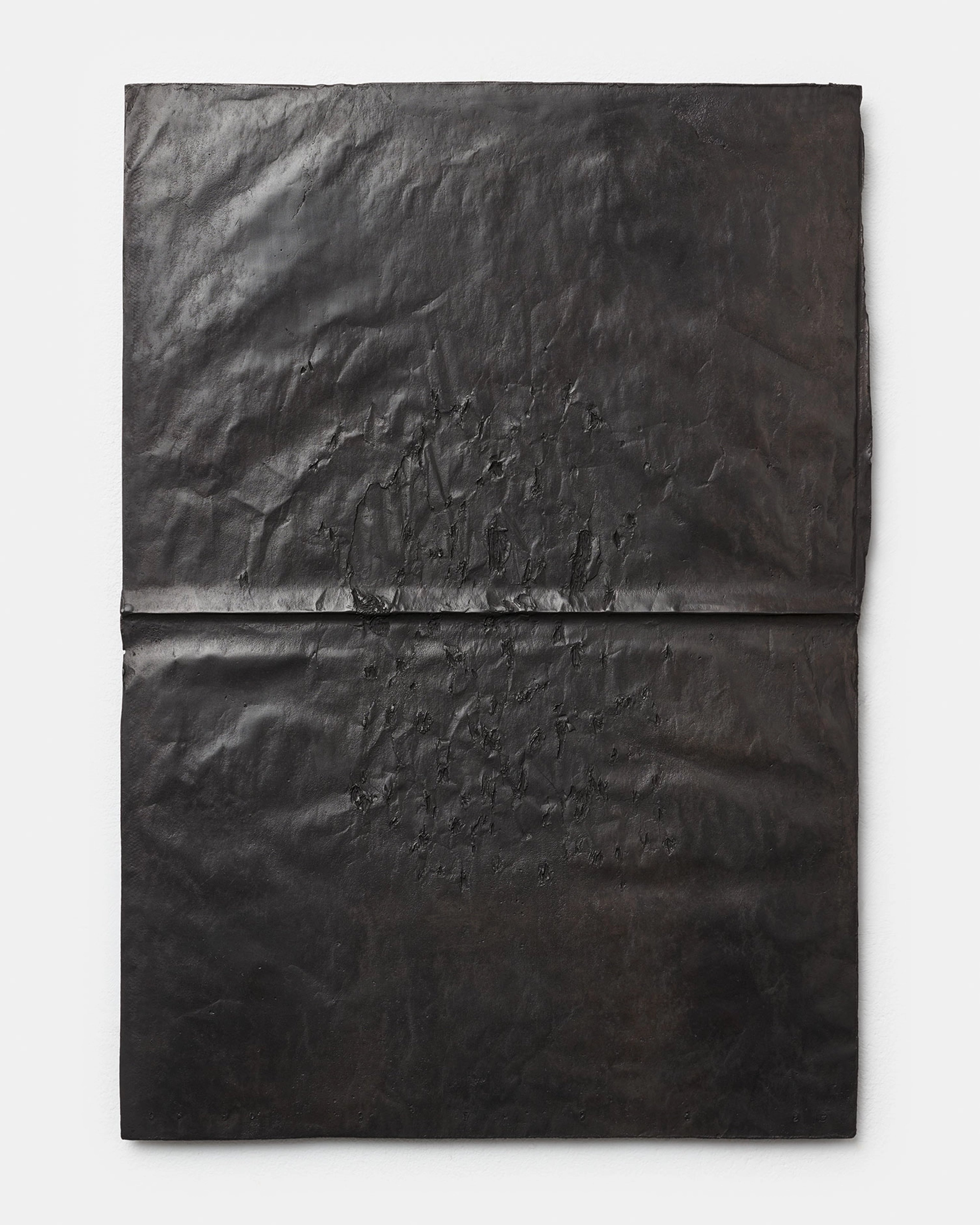 Vertical bronze panel with horizontal crease dividing two sections, textured surface featuring embossed gestural marks and scratches throughout in dark metal…